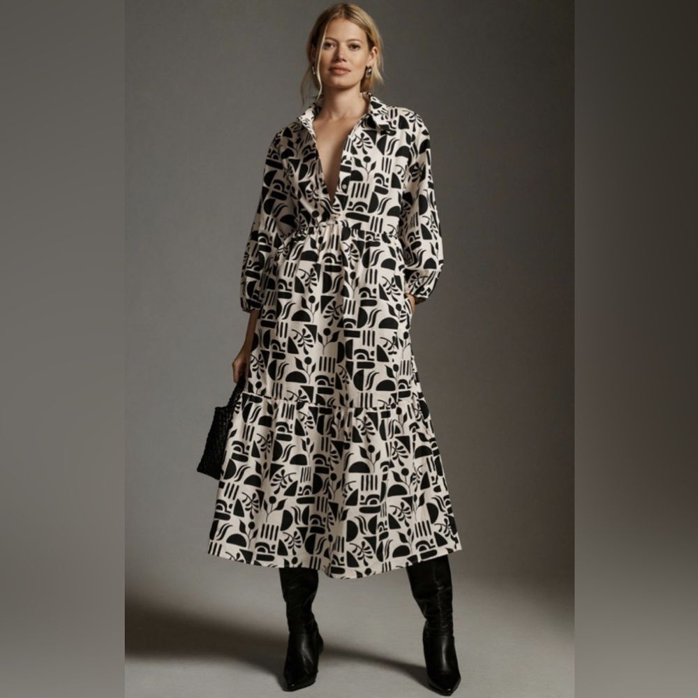 Anthropologie | Maeve Bettina tiered shirt dress in black motif size small